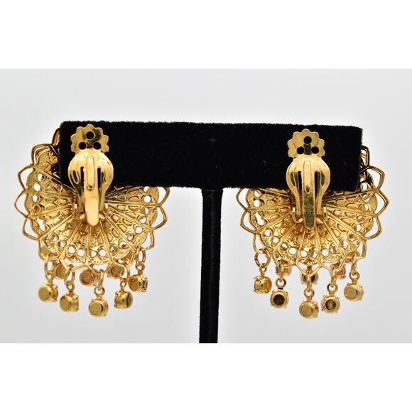 Vintage Dangle Clip On Earrings Coral Rhinestone Crystal Chandelier 1980s BinW - Picture 10 of 12